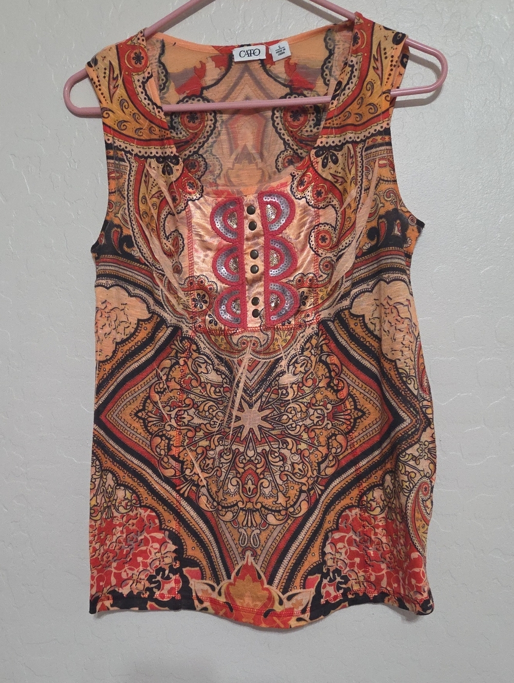 Cato Women’s S Paisley Boho Sleeveless Top Orange Embellished Tunic Blouse